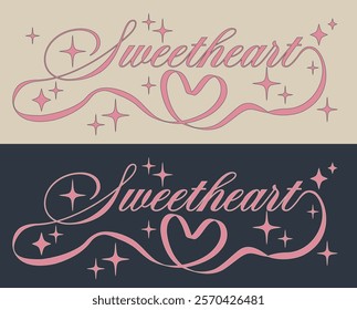 Vintage romantic typography lovely slogan print with retro hand drawn ribbon heart and stars illustration for graphic tee t shirt or poster sticker - Vector