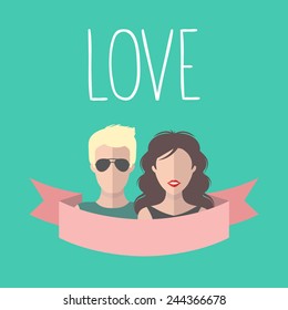Vintage romantic valentine card with ribbon, boy and girl in flat style. Love card with couple in vector.