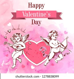 Vintage romantic Valentine card with two cupids and heart on a pink watercolor background. Vector illustration. 