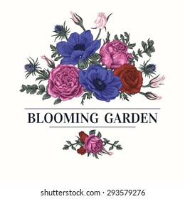 Vintage fondo vectorial romántico con un ramo de rosas, anémonas. Ilustración botánica.