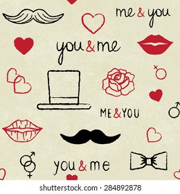 Vintage romantic vector seamless pattern background with male and female related symbols