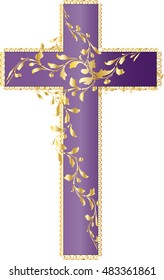 Vintage romantic victorian style purple latin cross with decorative golden foliage vine