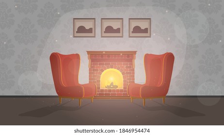 Habitación vintage con chimenea. Habitación retro, sillones vintage, chimenea, chimenea. Vector.