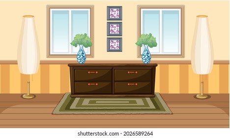 Vintage room interior design with woden cabunet and floor lamps illustration