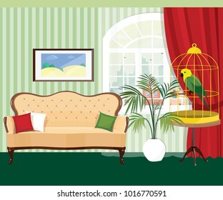 Vintage room interior with sofa, palm plant and parrot in the cage. Flat style vector illustration.