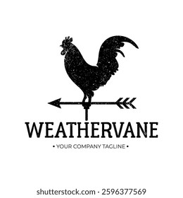 Vintage Rooster Weathervane Silhouette – Rustic Wind Direction Icon with Distressed Retro Style. Vector illustration of a vintage-style rooster weathervane silhouette with a directional arrow.