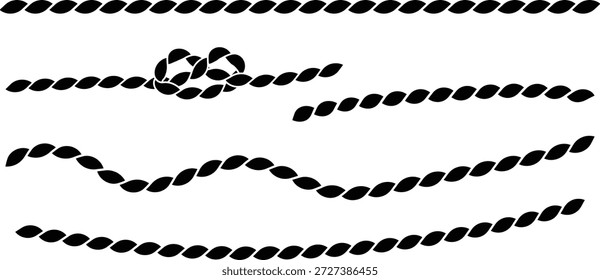 Conjunto de Ilustración vectorial de cuerda de Antiguas: cordón náutico, cáñamo, yute, trenza, nudo, hilo, marinero, elemento de diseño marino