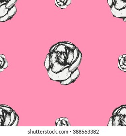 Vintage Rose Background. Retro Style Floral Seamless Pattern. Black And White Sketchy Hand Drawn Flowers on pink backdrop.