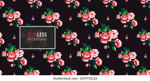 Vintage rose brunch and roses bouquet vector seamless pattern in watercolor style. Repeatable seamless background with flowers.