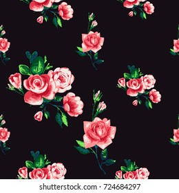 Vintage rose brunch and roses bouquet vector seamless pattern in watercolor style. Beautiful floral Illustration on black background.