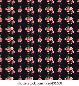 Vintage rose brunch and roses bouquet vector seamless pattern in watercolor style. Beautiful floral Illustration on black background.