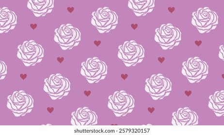 Vintage Rose Embroidery-Inspired Pattern. A seamless floral pattern featuring white embroidered-style roses on a soft purple-pink bg, accented with small red hearts. Inspired by ikat textile design.