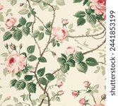 Vintage rose floral pattern wallpaper in pink and green on a cream background, with small roses, leaves and vines