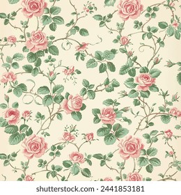 Vintage rose floral pattern wallpaper in pink and green on a cream background, with small roses, leaves and vines