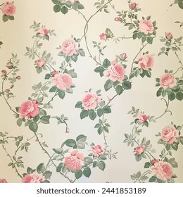 Vintage rose floral pattern wallpaper in pink and green on a cream background, with small roses, leaves and vines