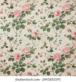Vintage rose floral pattern wallpaper in pink and green on a cream background, with small roses, leaves and vines