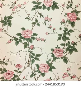 Vintage rose floral pattern wallpaper in pink and green on a cream background, with small roses, leaves and vines