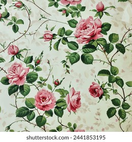 Vintage rose floral pattern wallpaper in pink and green on a cream background, with small roses, leaves and vines