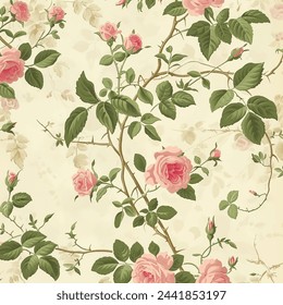 Papel pintado vintage con motivos florales de rosa y verde sobre fondo crema, con pequeñas rosas, hojas y viñas Vector de stock