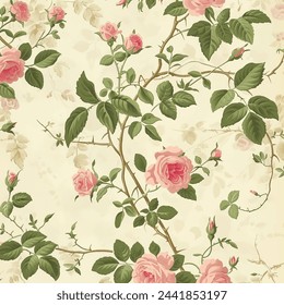 Vintage rose floral pattern wallpaper in pink and green on a cream background, with small roses, leaves and vines