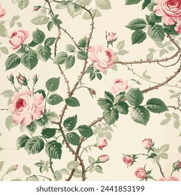 Стоковое векторное изображение: Vintage rose floral pattern wallpaper in pink and green on a cream background, with small roses, leaves and vines