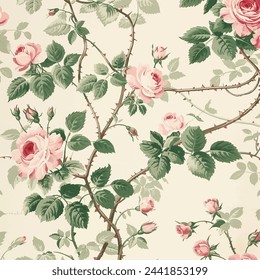 Vintage rose floral pattern wallpaper in pink and green on a cream background, with small roses, leaves and vines