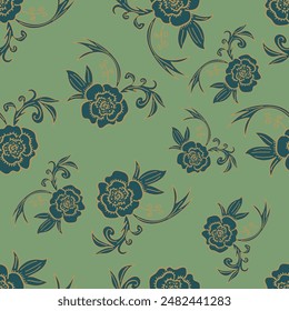 Vintage rose floral pattern wallpaper in pink and green on a cream background, with small roses, leaves and vines