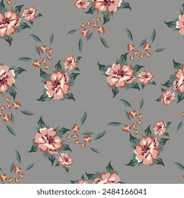 Vintage rose floral pattern wallpaper in pink and green on a cream background, with small roses, leaves and vines