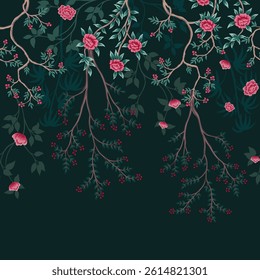 Vintage rose flower, berry tree seamless border black background. Exotic floral wallpaper.