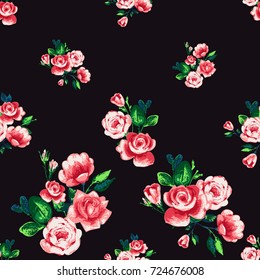 Vintage rose flower bouquets vector seamless pattern in watercolor style. Beautiful floral Illustration on black background.