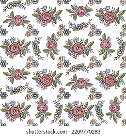 Vintage rose flower doodle design seamless pattern for textile, scrabooking or wallpapers. Rose vintage floral pattern pastel colors 