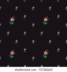 Vintage rose flower vector seamless pattern in watercolor style. Beautiful floral Illustration on black background.