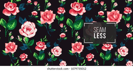 Vintage rose flowers vector seamless pattern in watercolor style. Repeatable seamless background with flowers.