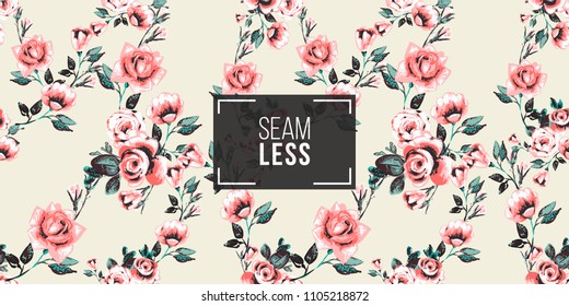 Vintage rose flowers vector seamless pattern in watercolor style. Blooming seamless background with flowers. Wedding design.