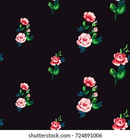 Vintage rose flowers vector seamless pattern in watercolor style. Beautiful floral Illustration on black background.