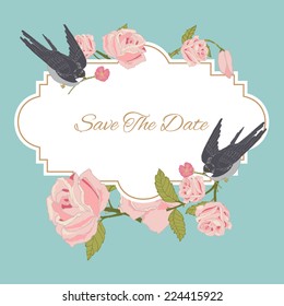 Vintage rose flowers wedding invitation save the date postcard with birds vector illustration.