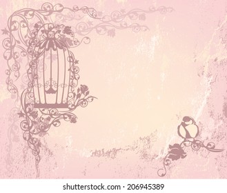 Vintage Rose Garden With Open Cage And Bird - Shabby Chic Freedom Concept Vector Background With Place For Your Text