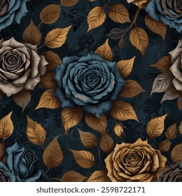 Vintage Rose Garden Seamless Pattern with Blue Gold and Brown Roses and Leaves