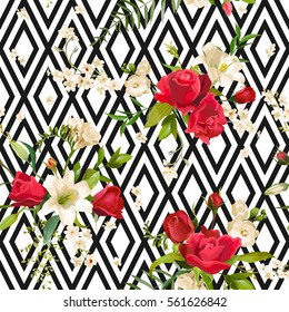 Vintage Rose and Lily Flowers Stripes Background. Spring and Summer Seamless Pattern in Vector