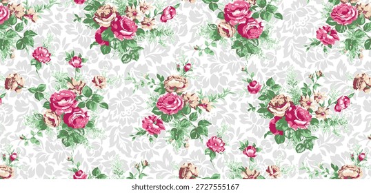 Vintage rose pattern on fabric background.
