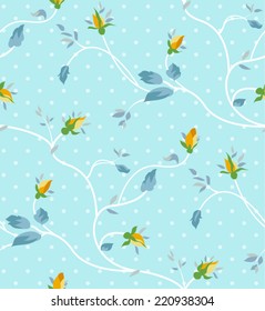 Vintage rose pattern on polka dot blue background.vector illustration.