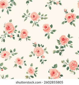 Vintage rose pattern, pastel pink and green on a cream background, small flower, tiny flower seamless pattern vector illustration, doodle summer, kids and baby designs for print fabric.