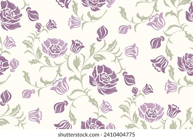 Vintage rose pattern seamless flower Europe. Rose embroidery motifs batik background border print template Ikat hand draw vector illustration. Pink violet Ink texture on white