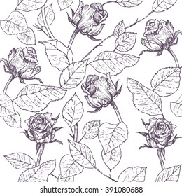 Vintage rose seamless pattern - sweet monochrome vector pattern, ideal for filling large areas. Suitable for textile design, wrapping paper or wallpaper.