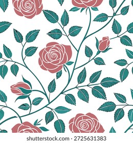 Padrão de azulejos sem emenda rosa vintage com rosas rosa antigas e folhas verdes desbotadas perfeito para o conceito de cozinhas clássicas como rosas rosa antigas e folhas verdes desbotadas criar vintage padrão de azulejos sem emenda para cozinhas clássicas em Photo Stock Concept e espaço vazio no lado esquerdo, sem texto —ar 7:2 —azulejo
