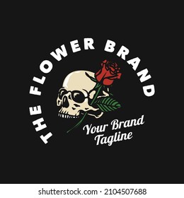 Vintage Rose Skull Logo Hand made Vector Illustration