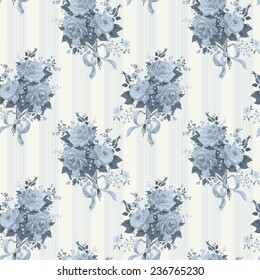 Vintage rose wallpaper pattern. Vector background in blue