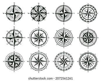 Vintage rose wind compass, sea boat navigation skipper compass. Sea wind rose old marine navigation compass vector symbols set. Retro marine nautical compass sings. Sea navigation and vintage icons