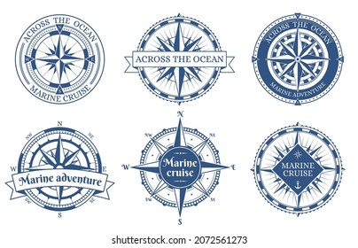 Vintage rose wind nautical compass marine labels. Old antique marine navigation compass emblems vector illustration set. Sea wind rose compasses badges. Compass vintage marine and nautical