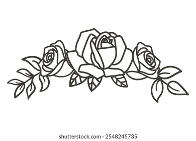 Ilustración de la corona de la rosa de Antiguas, borde floral elegante con las rosas, Ilustración vectorial en blanco y negro.